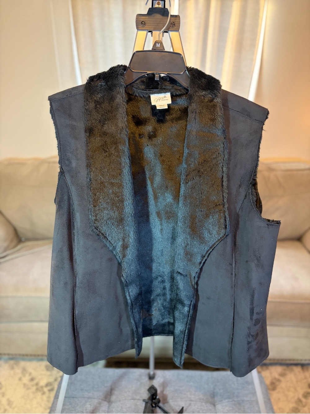 Jaclyn Smith Black Faux-Suede Vest with Faux-Fur Trim